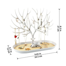 Load image into Gallery viewer, Deer-shaped jewelry organizer stand displaying necklaces, earrings, and rings on a chic vanity dresser.
