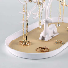 Load image into Gallery viewer, Deer-shaped jewelry organizer stand displaying necklaces, rings, and earrings in a chic white design for vanity decor.