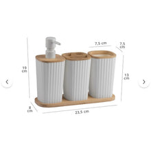 تحميل الصورة في عارض المعرض، Bathroom Accessories Set - Set of 3 with Bamboo Wooden Tray | Modern Soap Dispenser, Toothbrush Holder & Vanity Tray