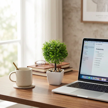 تحميل الصورة في عارض المعرض، Artificial boxwood ball tree in a white pot on a desk beside a laptop