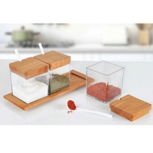 Load image into Gallery viewer, Set of 3 Acrylic Condiment Jars with Wooden Lids, Spoons & Serving Tray - 300 ml