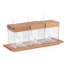Load image into Gallery viewer, Set of 3 Acrylic Condiment Jars with Wooden Lids, Spoons & Serving Tray - 300 ml