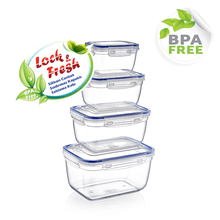 Load image into Gallery viewer, A set of four clear rectangular plastic food storage containers with blue lids, marked with the brand Lock & Fresh and indicating the containers are BPA-free.