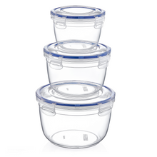 Load image into Gallery viewer, A set of three clear round food storage containers with blue lids, stacked on top of each other.