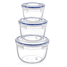 تحميل الصورة في عارض المعرض، A set of three clear round food storage containers with blue lids, stacked on top of each other.