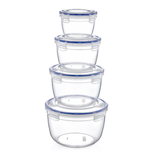 Load image into Gallery viewer, A set of four clear round food storage containers with blue lids, stacked in order of size.