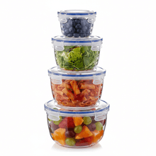 تحميل الصورة في عارض المعرض، A set of four clear round food storage containers with blue lids, stacked in order of size.