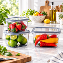 تحميل الصورة في عارض المعرض، Three transparent food storage containers with lids, each filled with different fruits and vegetables on a white surface.
