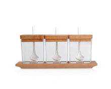 Load image into Gallery viewer, Set of 3 Acrylic Condiment Jars with Wooden Lids, Spoons & Serving Tray - 300 ml