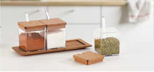 Load image into Gallery viewer, Set of 3 Acrylic Condiment Jars with Wooden Lids, Spoons & Serving Tray - 300 ml