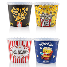 تحميل الصورة في عارض المعرض، A set of four plastic popcorn bowls in different colors, each with a popcorn theme. The colors are black, yellow, red, and blue, and each features a graphic of popcorns and a movie theater.