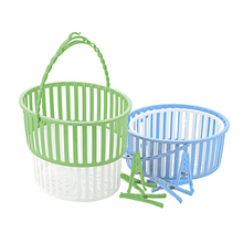 Load image into Gallery viewer, Two plastic laundry baskets with green and blue stripes, alongside a set of white plastic clothespins.