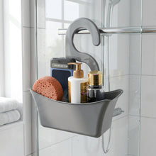 Load image into Gallery viewer, A plastic hanging storage basket in gray color, with a mobile phone, a bar of soap, and some bottles inside it, indicating its use for organizing and storing items.