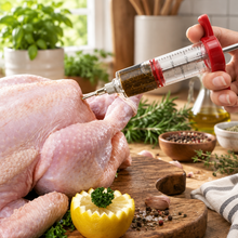 Load image into Gallery viewer, A plastic marinade injector being used to inject a liquid into a roasted chicken on a wooden cutting board, with a lemon wedge and green herb nearby.