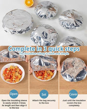 Load image into Gallery viewer, Step-by-step guide to using reusable aluminum foil insulation covers for food.
