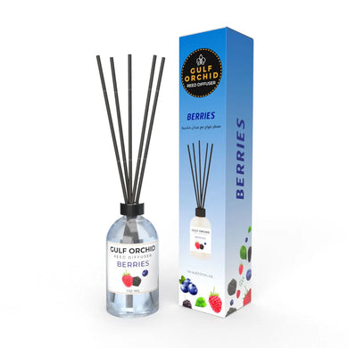 Gulf Orchid Berries reed diffuser with packaging on a white background