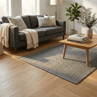 Living room with a gray sofa, wooden coffee table, and decorative items.