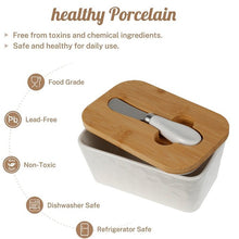 Load image into Gallery viewer, Healthy porcelain butter dish with bamboo lid and spreader, food grade, lead-free, non-toxic, dishwasher and refrigerator safe.
