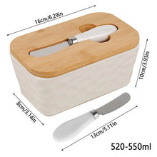 Load image into Gallery viewer, Porcelain butter dish with bamboo lid and spreader, dimensions and capacity for butter storage.
