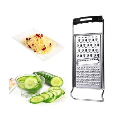 Stainless steel grater for fruits and vegetables with handle, showcasing sliced cucumbers and grated ingredients.