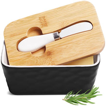 Load image into Gallery viewer, Porcelain butter dish with bamboo lid, silicone sealing ring, and spreader, stylish design for butter storage.
