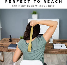 Load image into Gallery viewer, Person using a gold back scratcher at a desk with text &#39;PERFECT TO REACH the itchy back without help&#39;.
