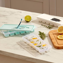 Load image into Gallery viewer, Ice cube trays with lemon and herb infusions on a kitchen counter.

