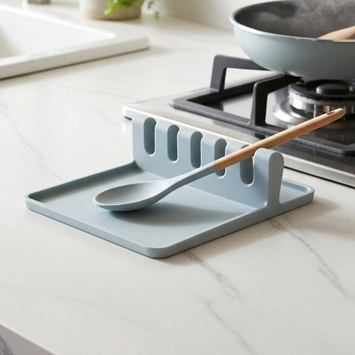 Gray dish rack with a spoon and wooden utensil on a kitchen counter.