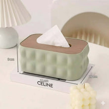 Load image into Gallery viewer, Green tissue box with brown top on a Celine box, with dimensions displayed.
