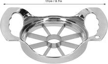 Load image into Gallery viewer, Metallic apple corer with measurement details on a white background
