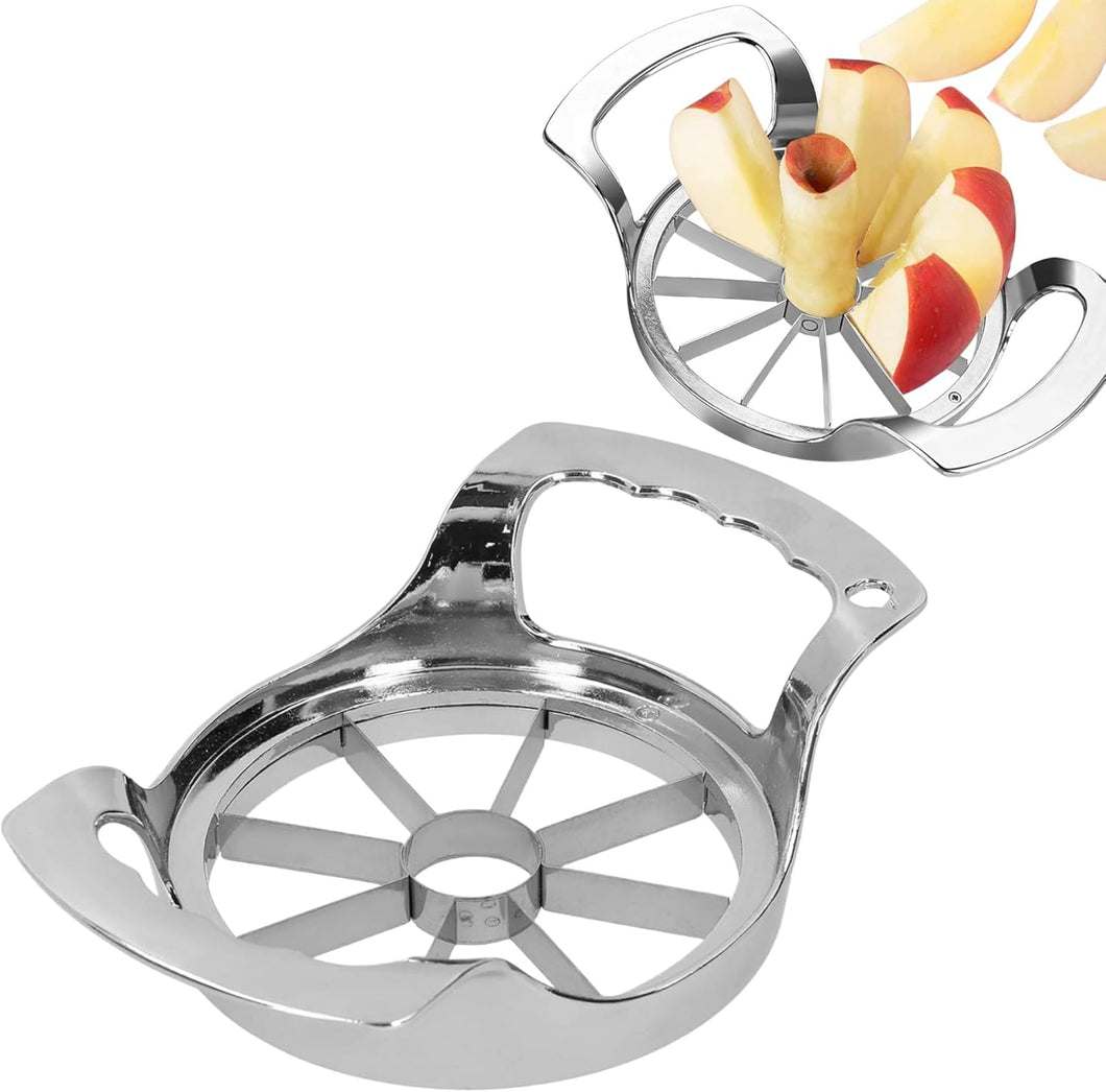 Metallic apple slicer with sliced apples on a white background