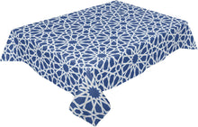 Load image into Gallery viewer, Blue and white geometric patterned tablecloth on a white background
