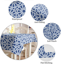 Load image into Gallery viewer, Blue geometric patterned tablecloth with features highlighted on a white background
