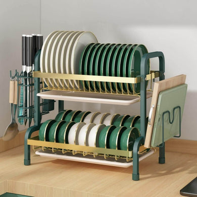 2-Tier Dish Drying Rack – Space Saving with Pull-Out Drain Board and side metal drainer