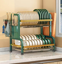 Load image into Gallery viewer, 2-Tier Dish Drying Rack – Space Saving with Pull-Out Drain Board and side metal drainer
