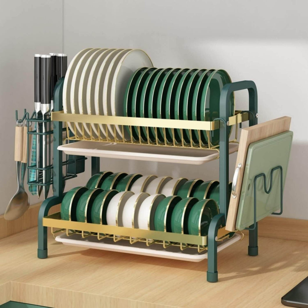 2-Tier Dish Drying Rack – Space Saving with Pull-Out Drain Board and side metal drainer
