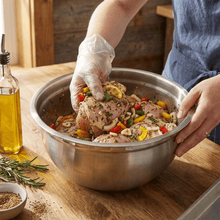 Load image into Gallery viewer, 24cm Deep Stainless Steel Mixing Bowl | Easy-Pour Baking &amp; Marinating Prep Basin - Silver with seasoned chicken and vegetables
