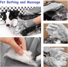 Load image into Gallery viewer, Collage of pet bathing and massage activities with gloves and a brush.
