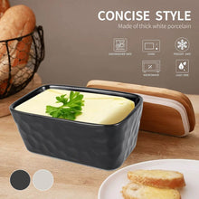 Load image into Gallery viewer, Porcelain butter dish with bamboo lid, modern storage container, and spreader, perfect for keeping butter fresh.
