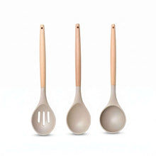 تحميل الصورة في عارض المعرض، 3-Piece Silicone Kitchen Utensil Set - Heat-Resistant Cooking Spoons &amp; Soup Ladle with Wooden Handles (Beige)

