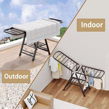 Load image into Gallery viewer, Drying rack shown outdoors on a rooftop and indoors on a wooden floor with clothes hanging on it.
