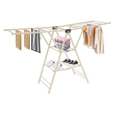 Beige clothes drying rack with clothes and shoes on a white background