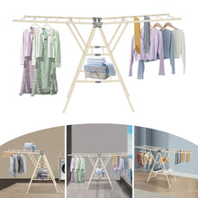 Load image into Gallery viewer, Wooden clothes drying rack with clothes on a white background
