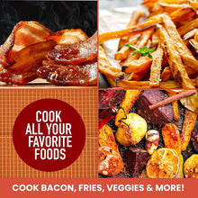تحميل الصورة في عارض المعرض، Collage of cooked bacon, fries, and roasted vegetables with promotional text on a red background.
