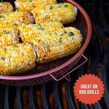 تحميل الصورة في عارض المعرض، Grilled corn on the cob in a pink basket on a grill with a text overlay 'Great on BBQ Grills'.

