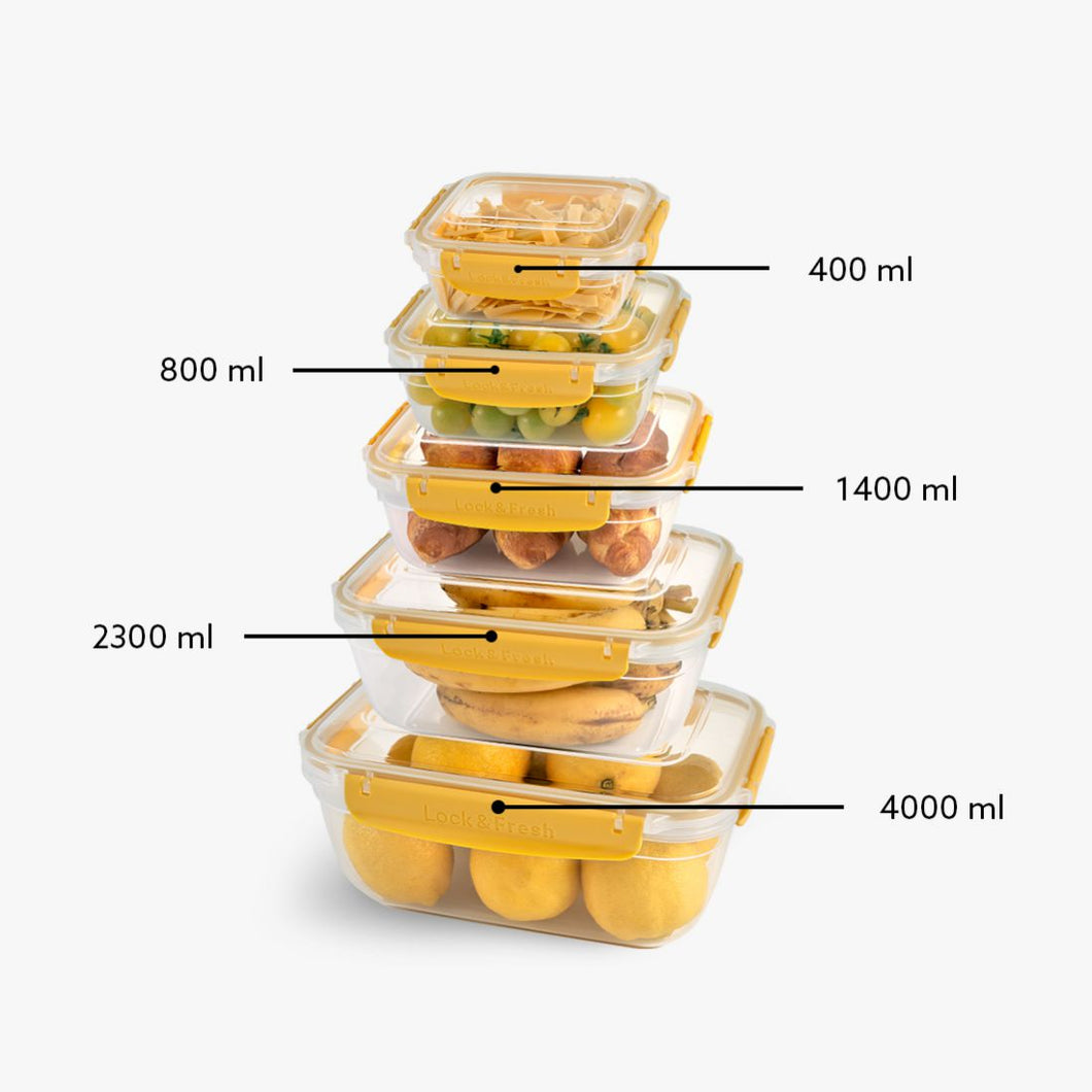 Food Storage Containers - Plastic Sealed Rectangular Set of 5 (400 - 800 - 1400 - 2300 - 4000 ml)