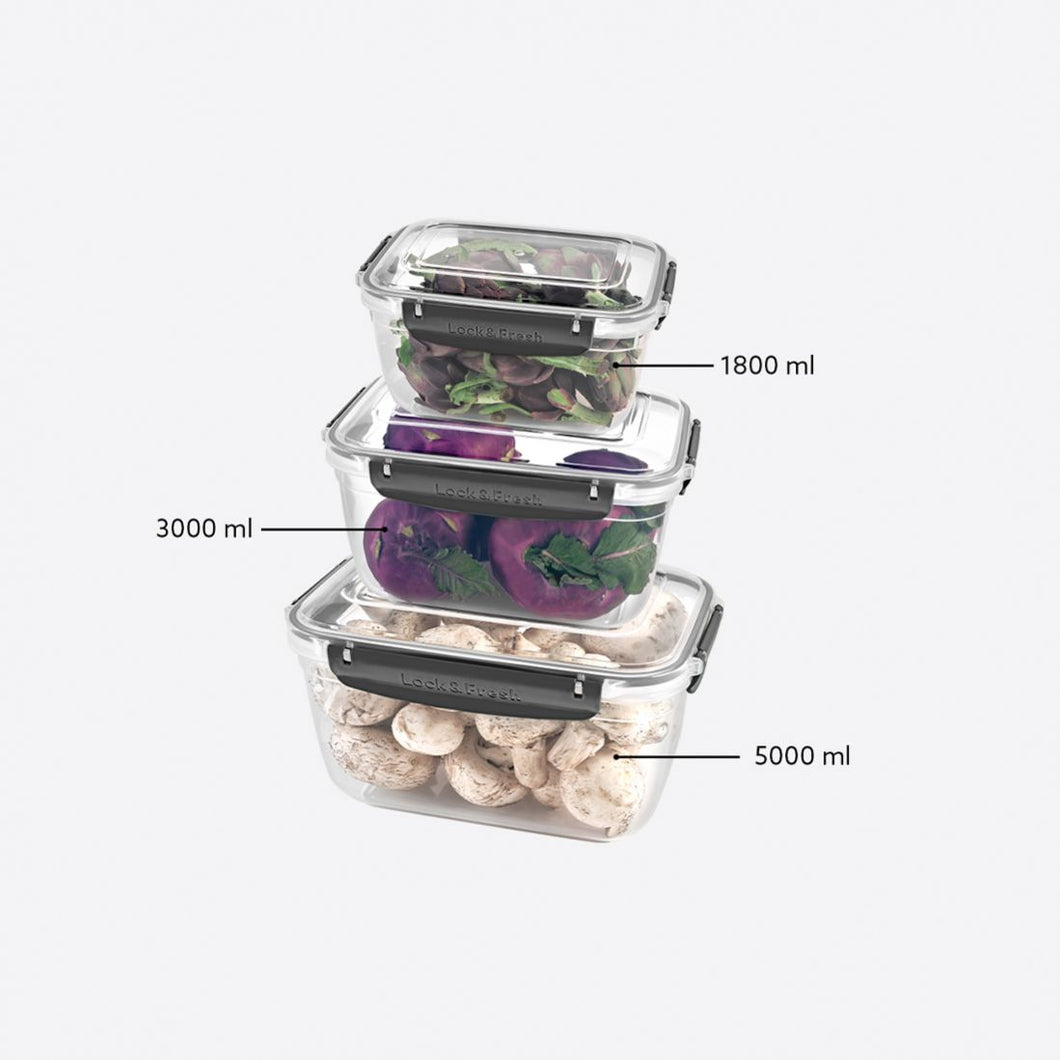 Food Storage Containers - Plastic Sealed Square Set of 3 (1800 - 3000 - 5000 ml)
