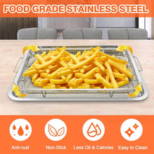Load image into Gallery viewer, 32x24cm Stainless Steel Air Fryer Basket &amp; Tray Set | Large Oven Crisper Mesh Rack - Silver with crispy fries.
