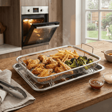 Load image into Gallery viewer, 32x24cm Stainless Steel Air Fryer Basket &amp; Tray Set | Large Oven Crisper Mesh Rack - Silver with crispy chicken wings and fries.
