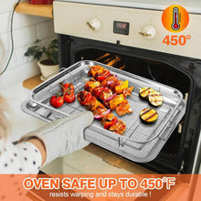 Load image into Gallery viewer, 32x24cm Stainless Steel Air Fryer Basket &amp; Tray Set | Large Oven Crisper Mesh Rack - Silver in use with roasted vegetables.
